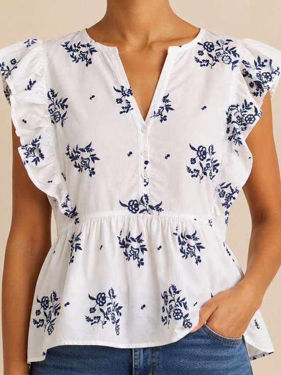 LOFT Tops - LOFT Petite LP White Blue Embroidered Cotton Flutter Sleeve Peplum Blouse
Catego
